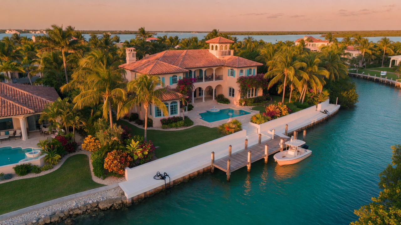 Luxury waterfront estate with private seawall and dock in the Florida Keys
