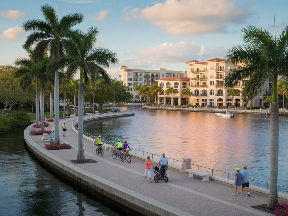 Bradenton Riverwalk along the Manatee River with waterfront promenade and palm trees