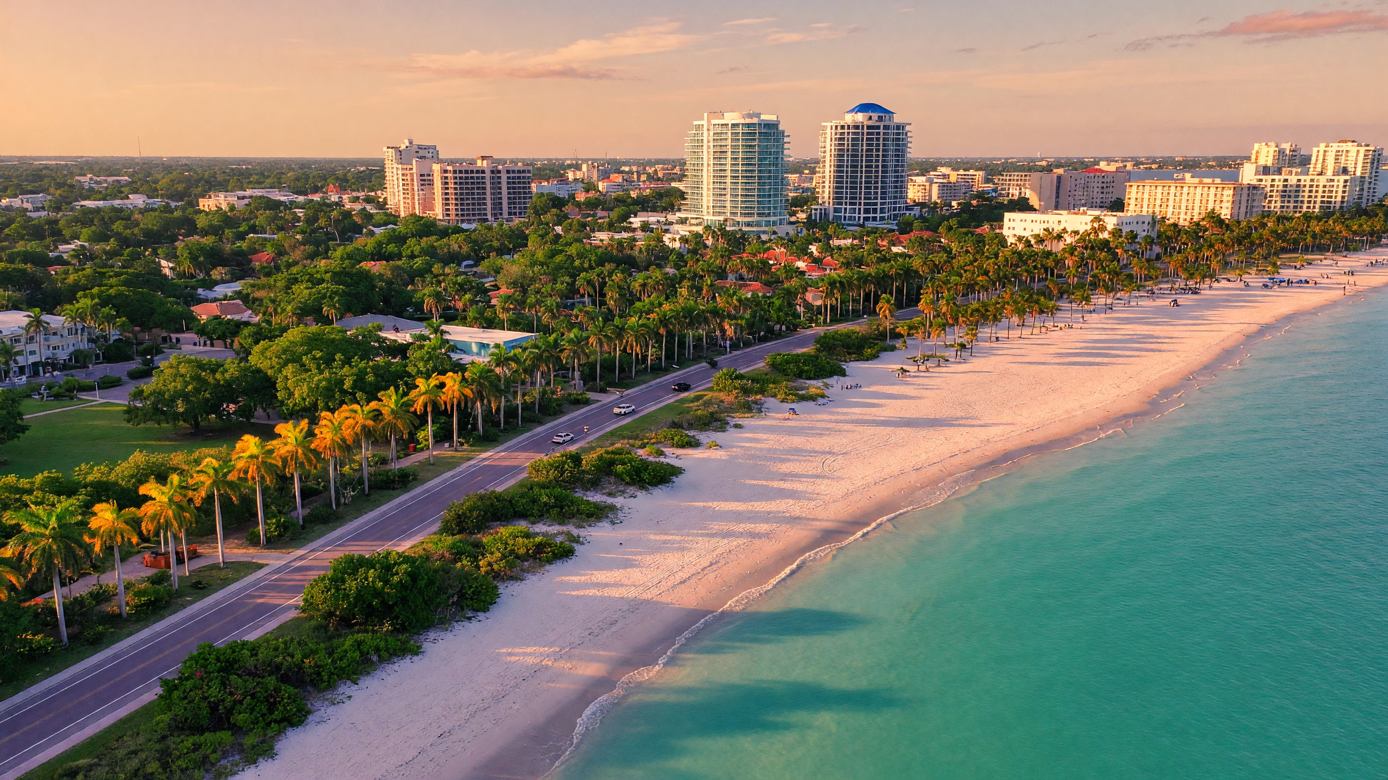 Sarasota Gulf Coast aerial view at golden hour