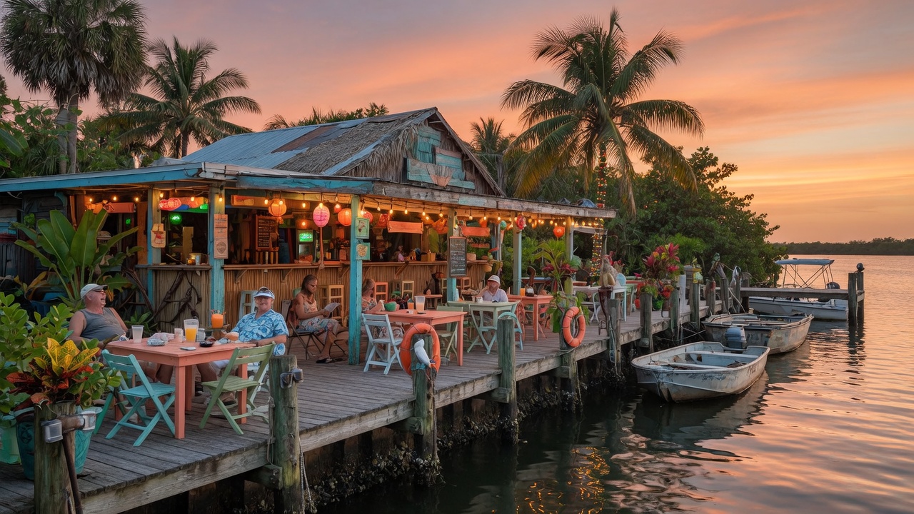 Pop's Sunset Grill waterfront tiki bar and restaurant on the Intracoastal Waterway in Nokomis, Florida
