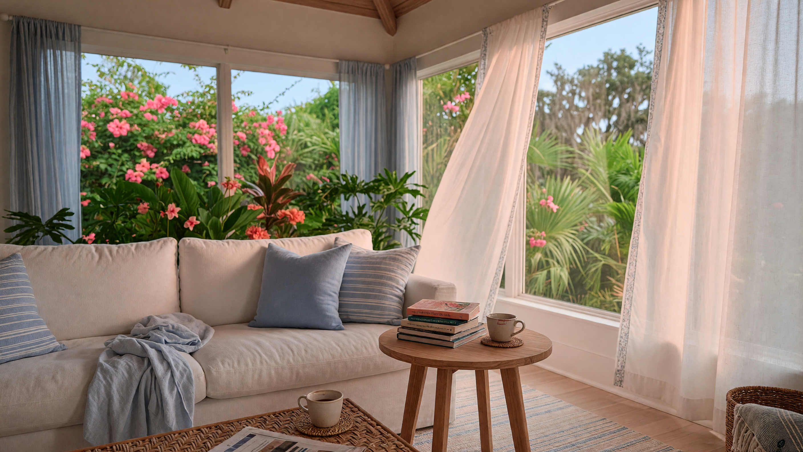 Warm coastal living room in Sarasota with tropical views — the lifestyle that awaits