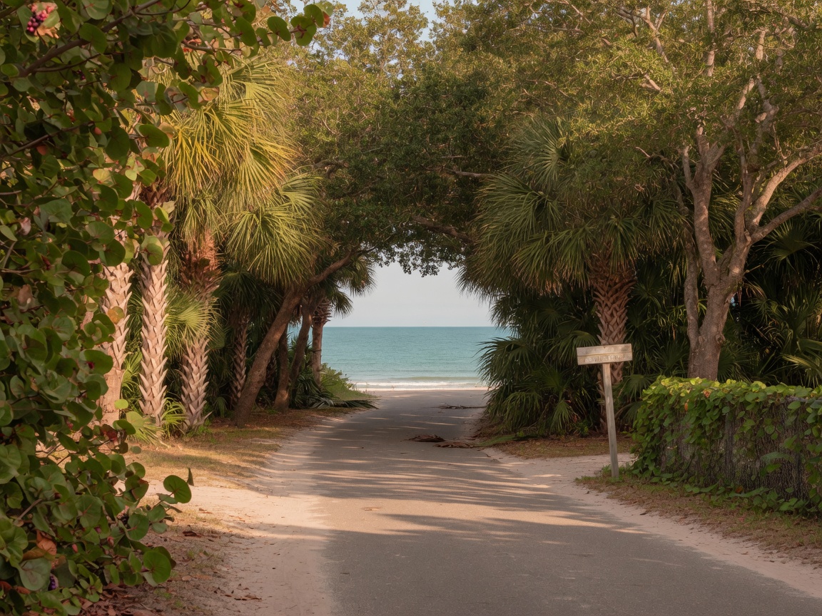 Quiet coastal road leading to Casey Key beach access in Nokomis, Florida