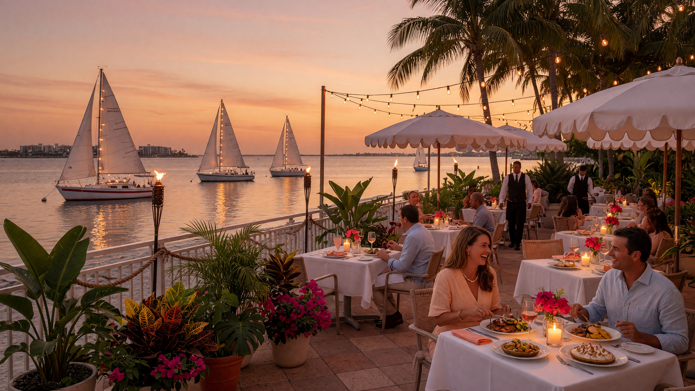 Waterfront restaurant patio at sunset in Sarasota with tropical atmosphere