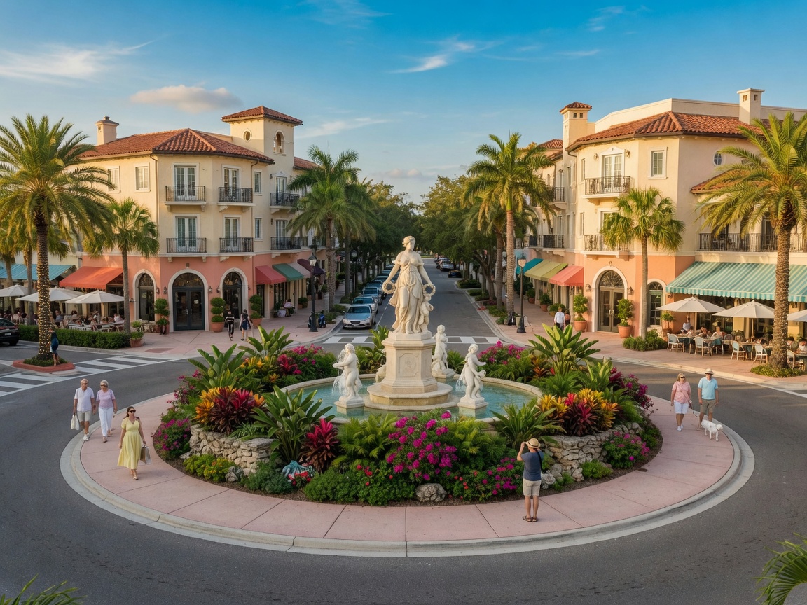St. Armands Circle — tropical roundabout with shops and palm trees in Sarasota, Florida