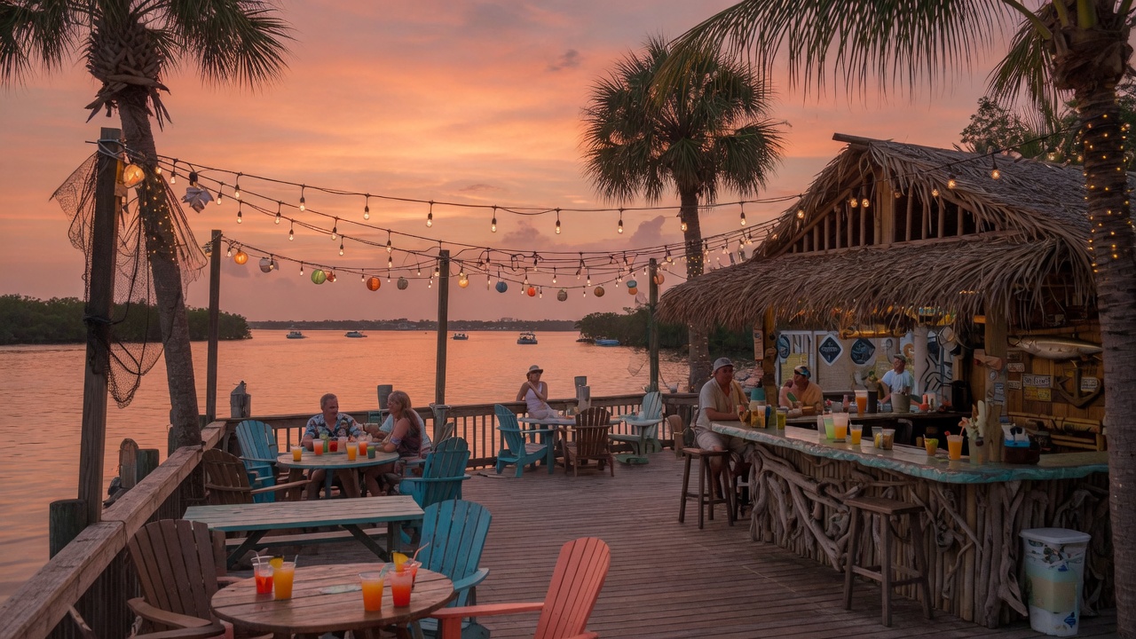 Nokomo's Sunset Hut waterfront restaurant on Dona Bay in Nokomis, Florida with sunset views over the water