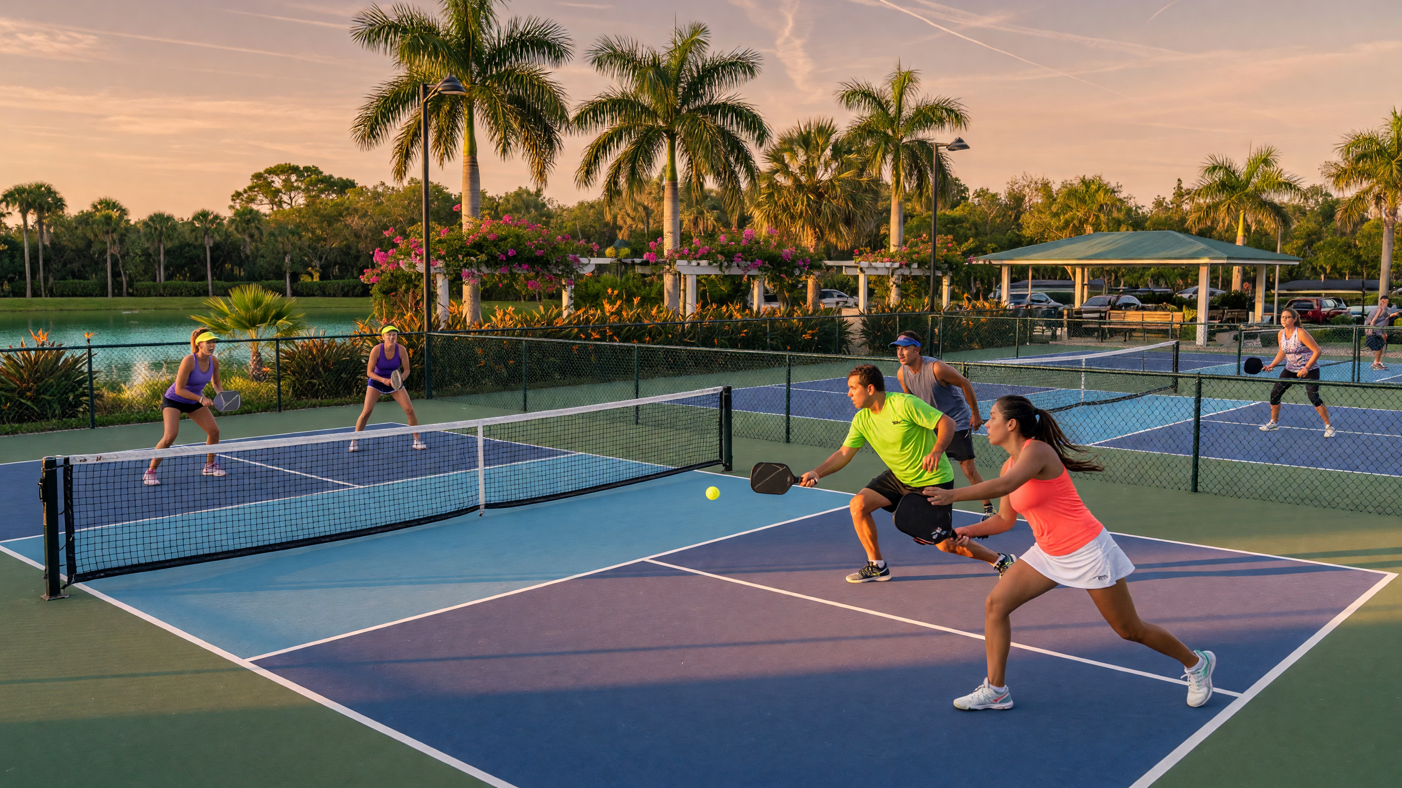 People playing pickleball on outdoor courts in sunny Florida