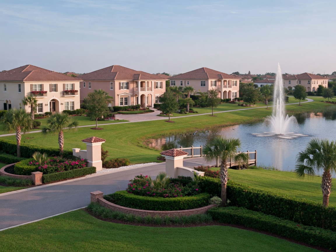 Lakewood Ranch — manicured community with lake, fountain, and modern homes in Florida