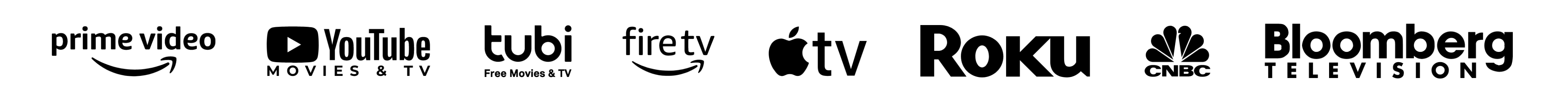 Prime Video, YouTube, Tubi, Fire TV, Apple TV, Roku, CNBC, and Bloomberg Television