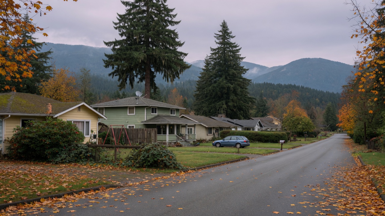 Residential neighborhood in a small Pacific Northwest town with tall evergreen trees, Lewis County, Washington