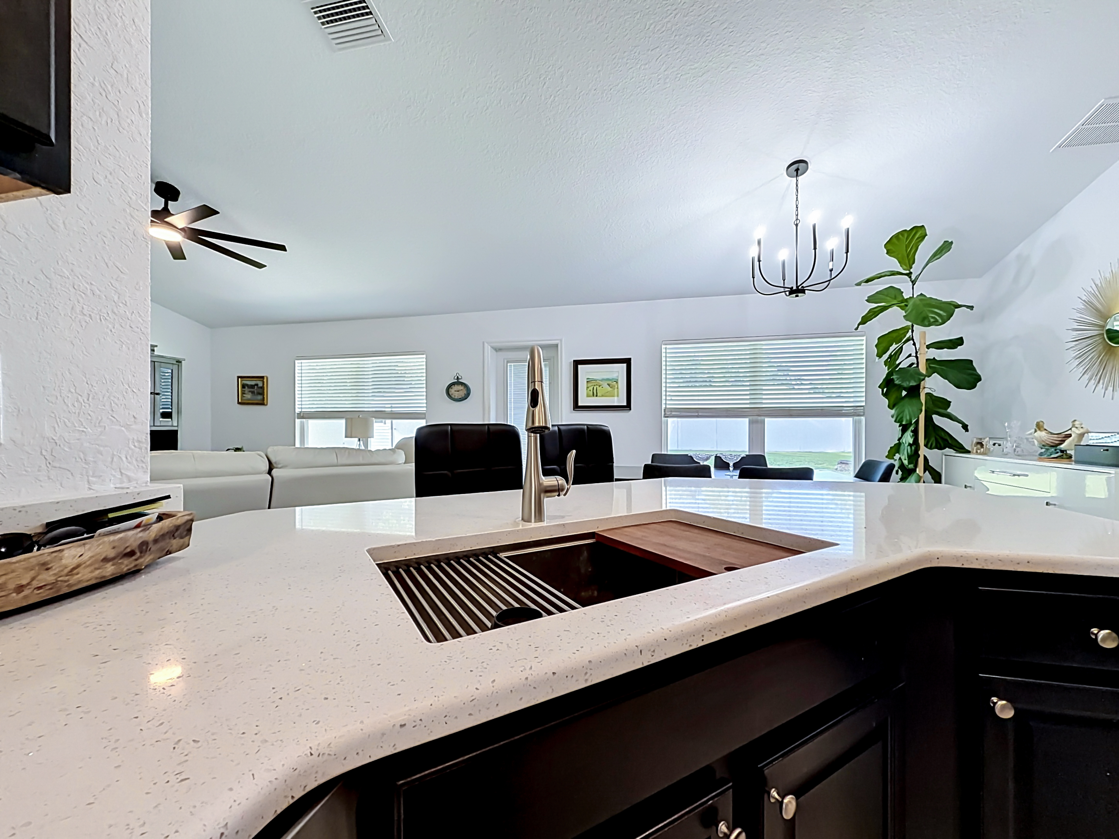 Kitchen island view looking into the living area