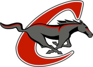 Chisum ISD logo featuring a grey running horse over a stylized red letter C