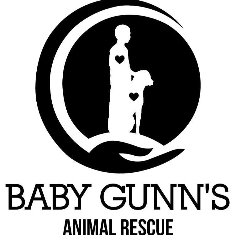 Baby Gunn's Rescue logo featuring a person with a dog inside a circular frame with heart icons