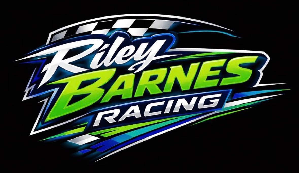 Riley Barnes Racing logo with checkered flag and green and blue accents