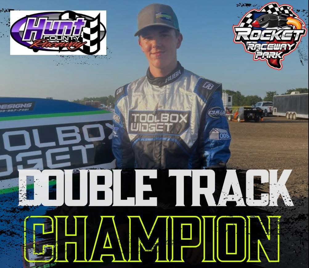 Graphic celebrating Riley Barnes Racing double track champion status