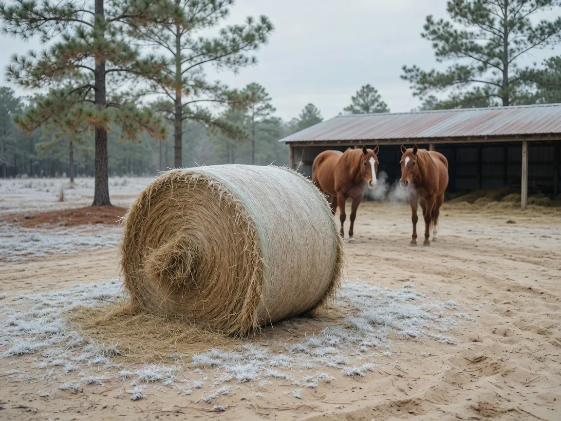 Interior of a well-ventilated horse barn with warm morning light, hay nets, and clean bedding in a Carolina Sandhills stall