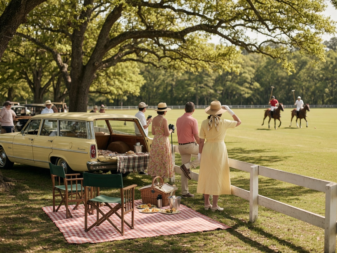 Spectators tailgating along the sidelines of a polo match with picnic setups and chairs near a white-railed field in Aiken