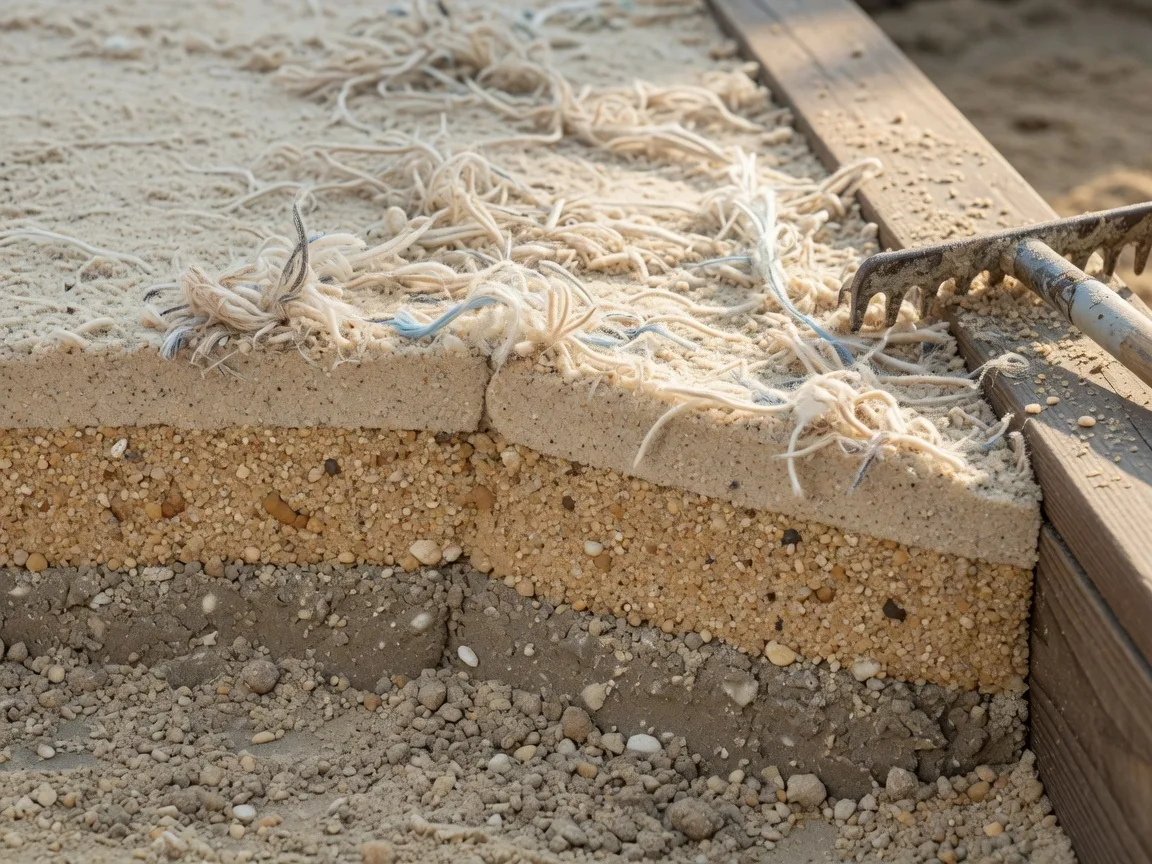 Close-up cross-section of arena footing layers showing the compacted base, sand layer, and top riding surface with a metal rake resting nearby