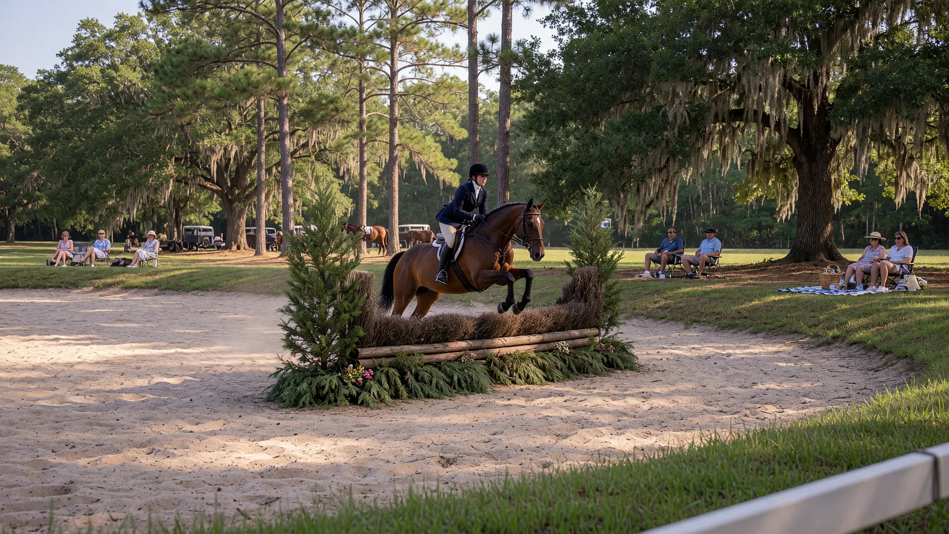 A braided and gleaming show horse held by a groom near a wooded competition ring with tall pines and golden afternoon light