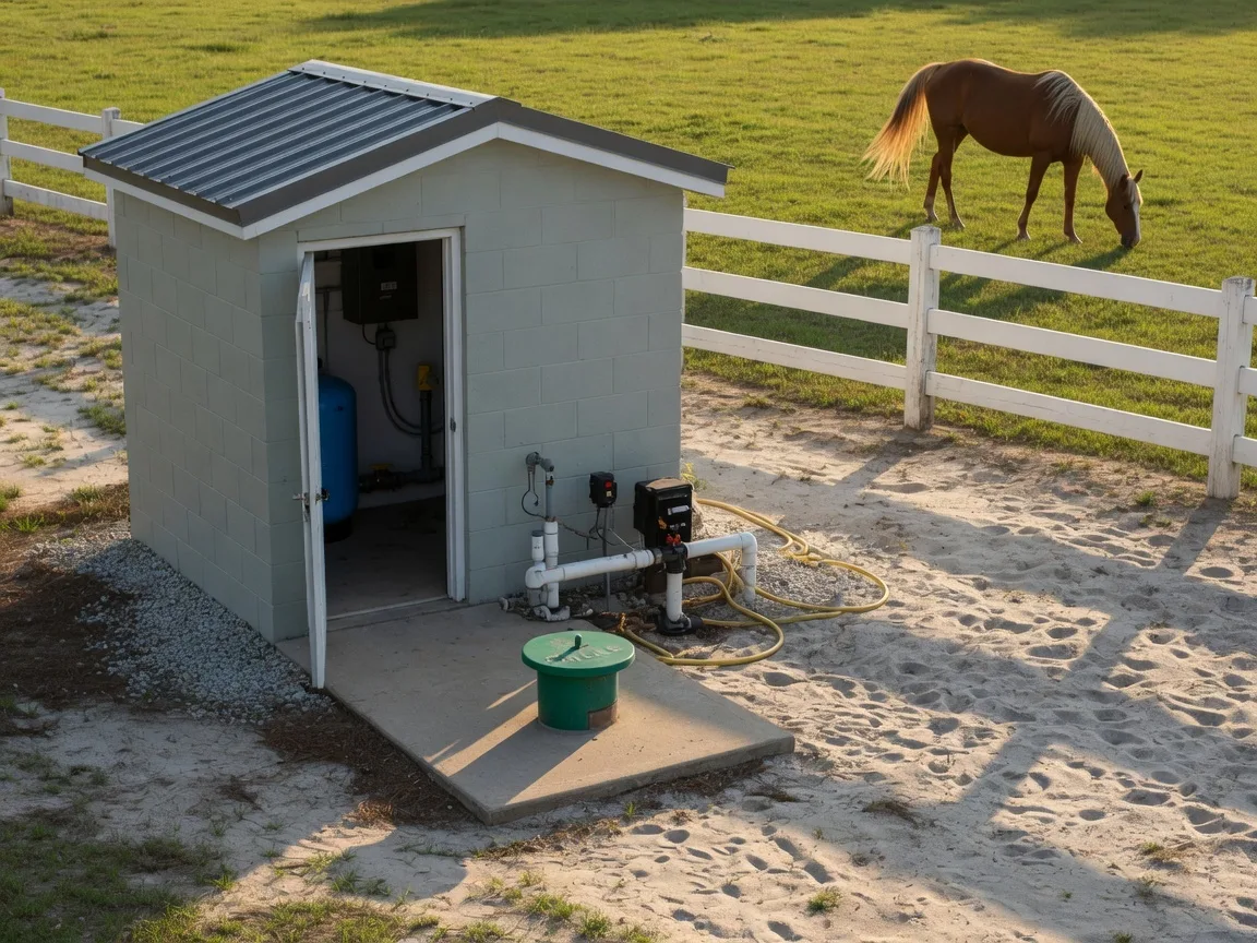 A well pump house on a green horse pasture in Aiken, South Carolina with white fencing and a horse grazing in the distance