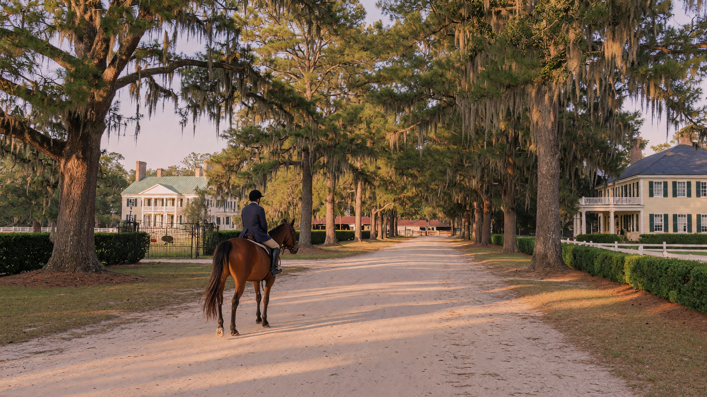Expansive Southside Aiken horse farm with rolling green pastures, white board fences, barn complex, and Carolina pines under blue sky