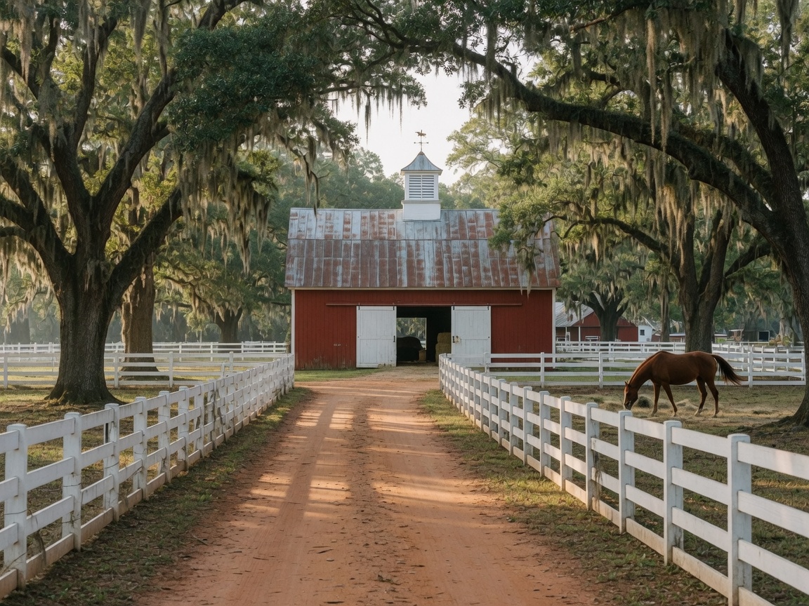 Traditional Southern equestrian estate with a center-aisle barn, white four-board fencing, and mature live oaks along a sandy driveway in Aiken's horse country