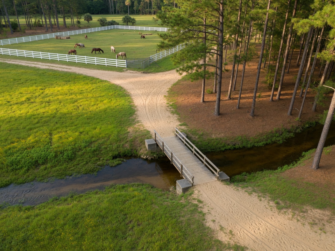 Open meadow with equestrian trails and white fencing visible in the background near Aiken, South Carolina