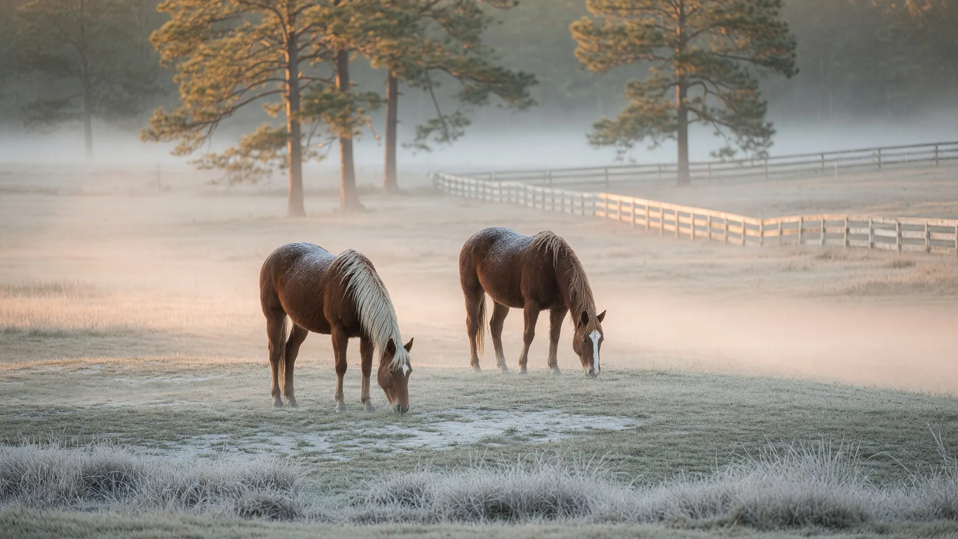 A round bale of hay in a frosty winter horse paddock in the Carolina Sandhills with longleaf pines