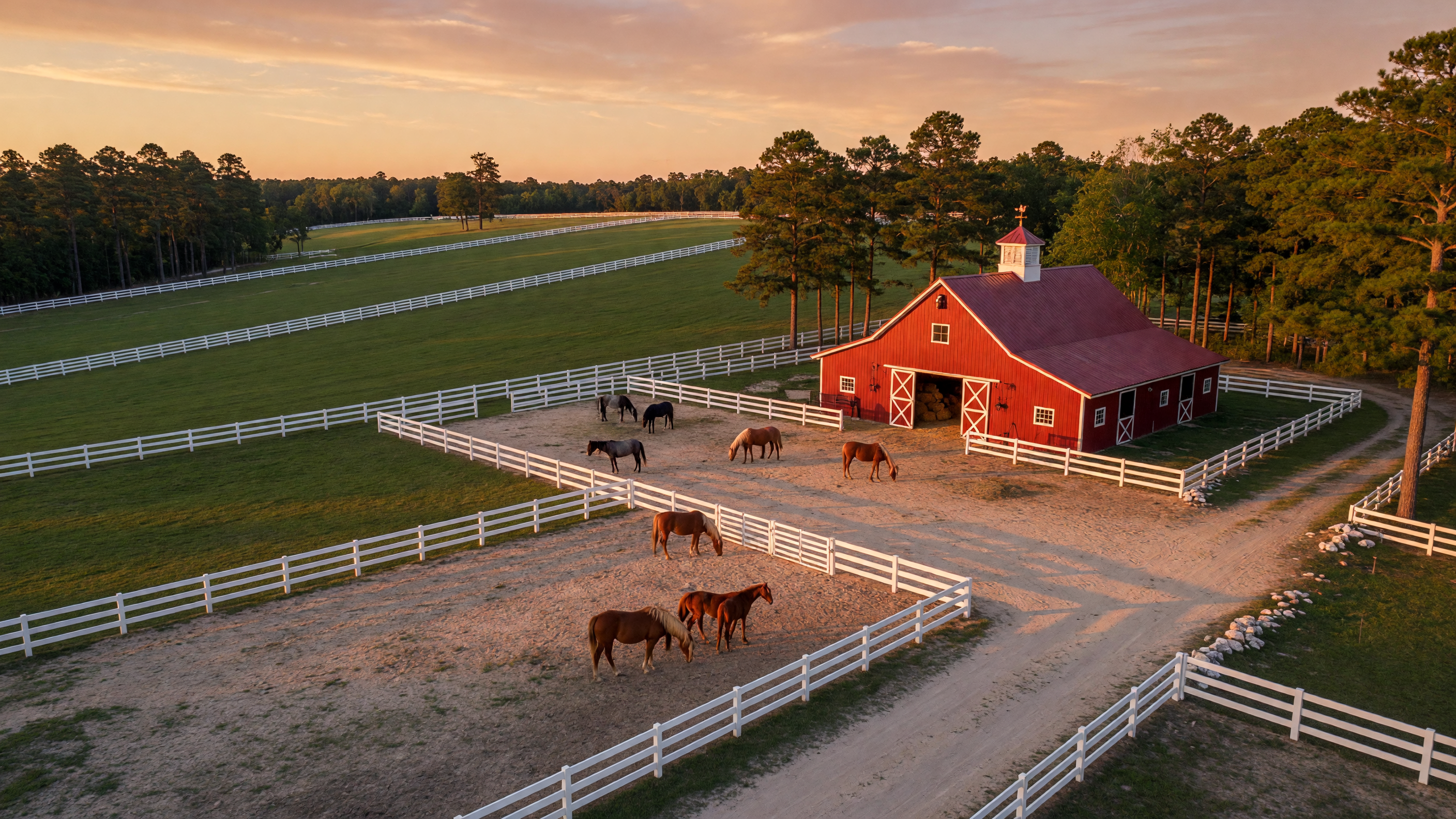 Aerial view of Aiken, South Carolina horse country with rolling green pastures, white board fences, and a classic horse barn at golden hour