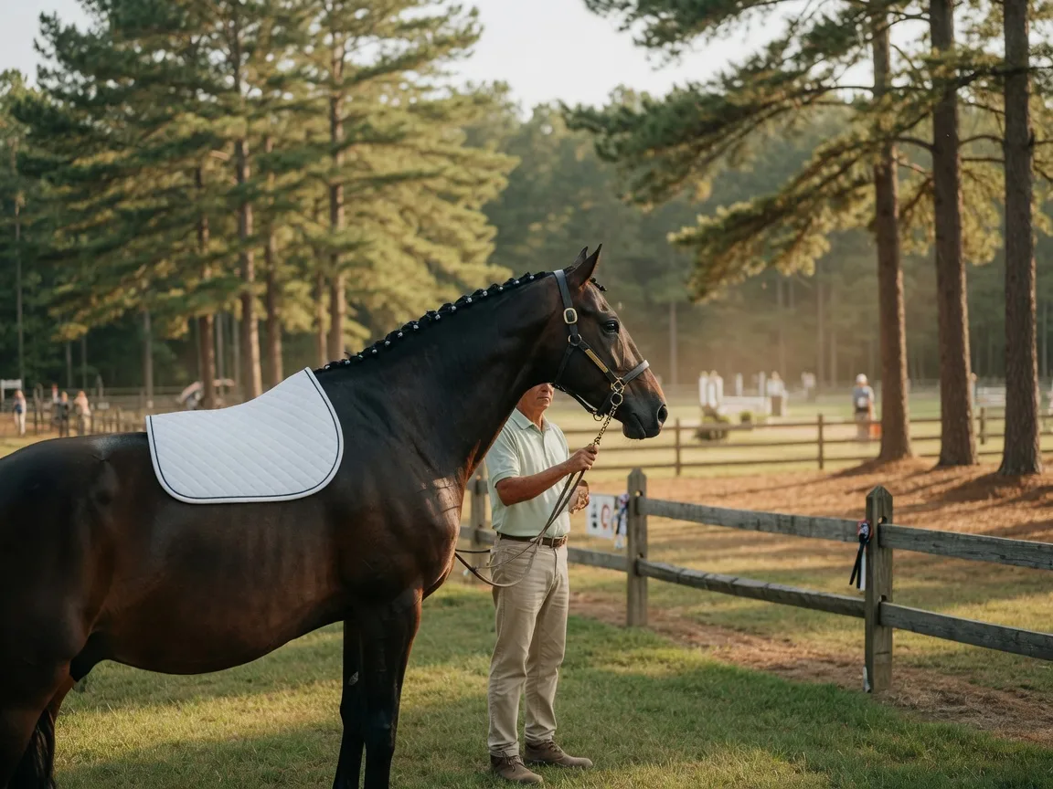 Elegantly dressed spectators watching a horse show from a grassy hillside in a pine forest amphitheater, with folding chairs and blankets under the trees