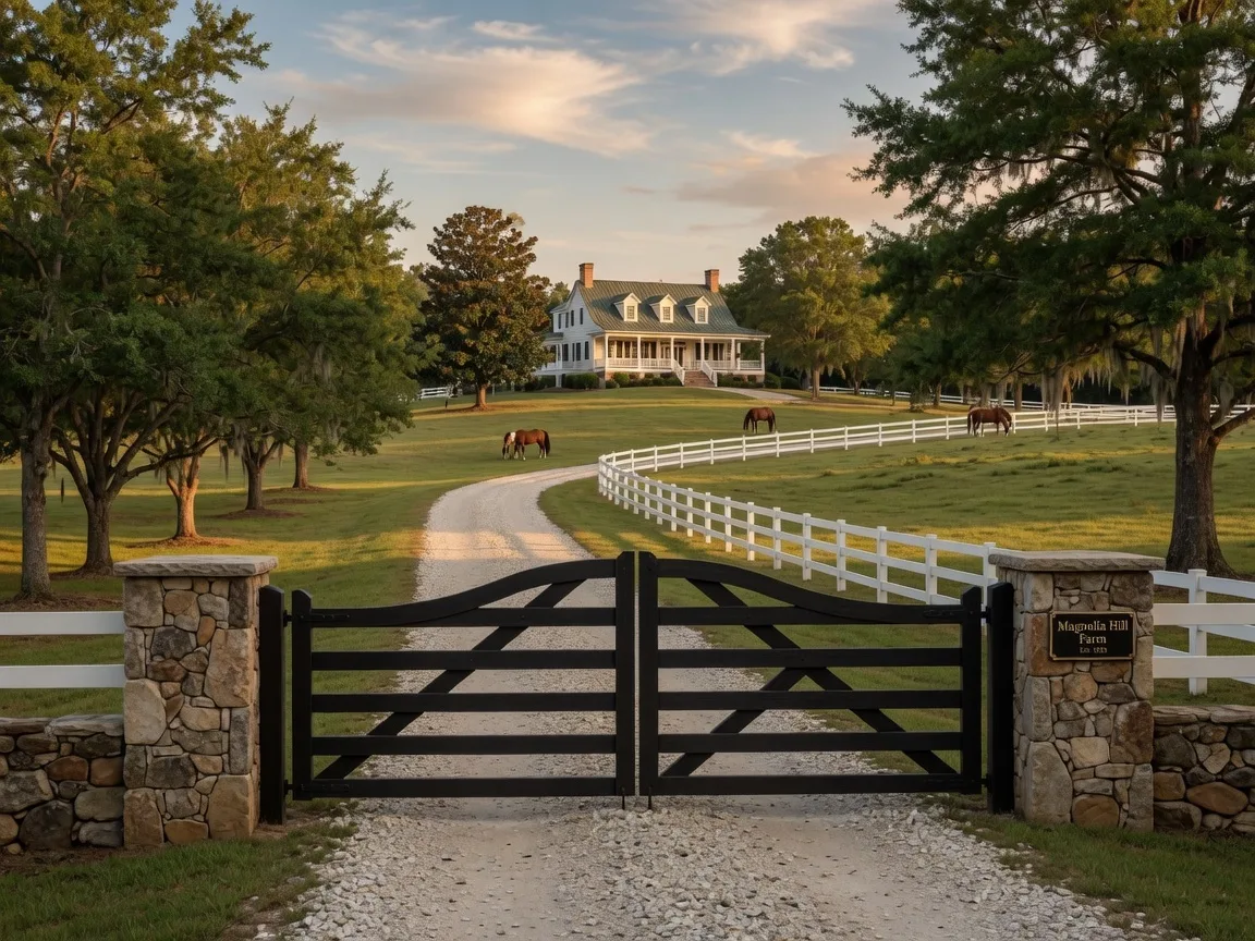 The entrance to a horse farm in Aiken, South Carolina with a wooden gate, stone pillars, and a gravel driveway lined with trees