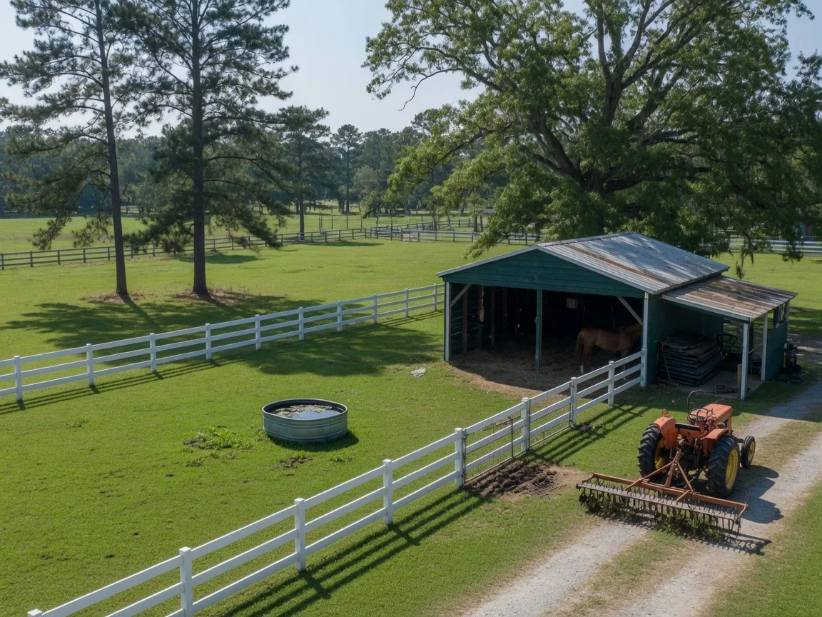 A well-maintained horse paddock with run-in shed, water trough, and white board fencing on an Aiken horse property