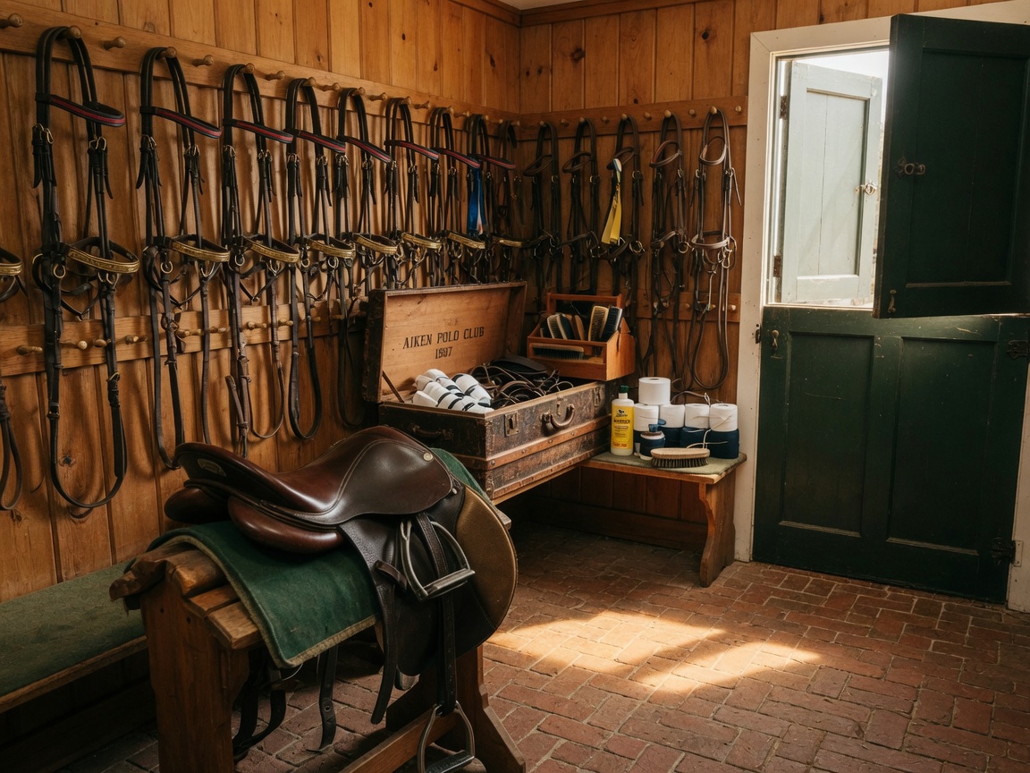 Polished leather saddles, bridles, and polo equipment organized in a well-maintained tack room at an Aiken equestrian estate