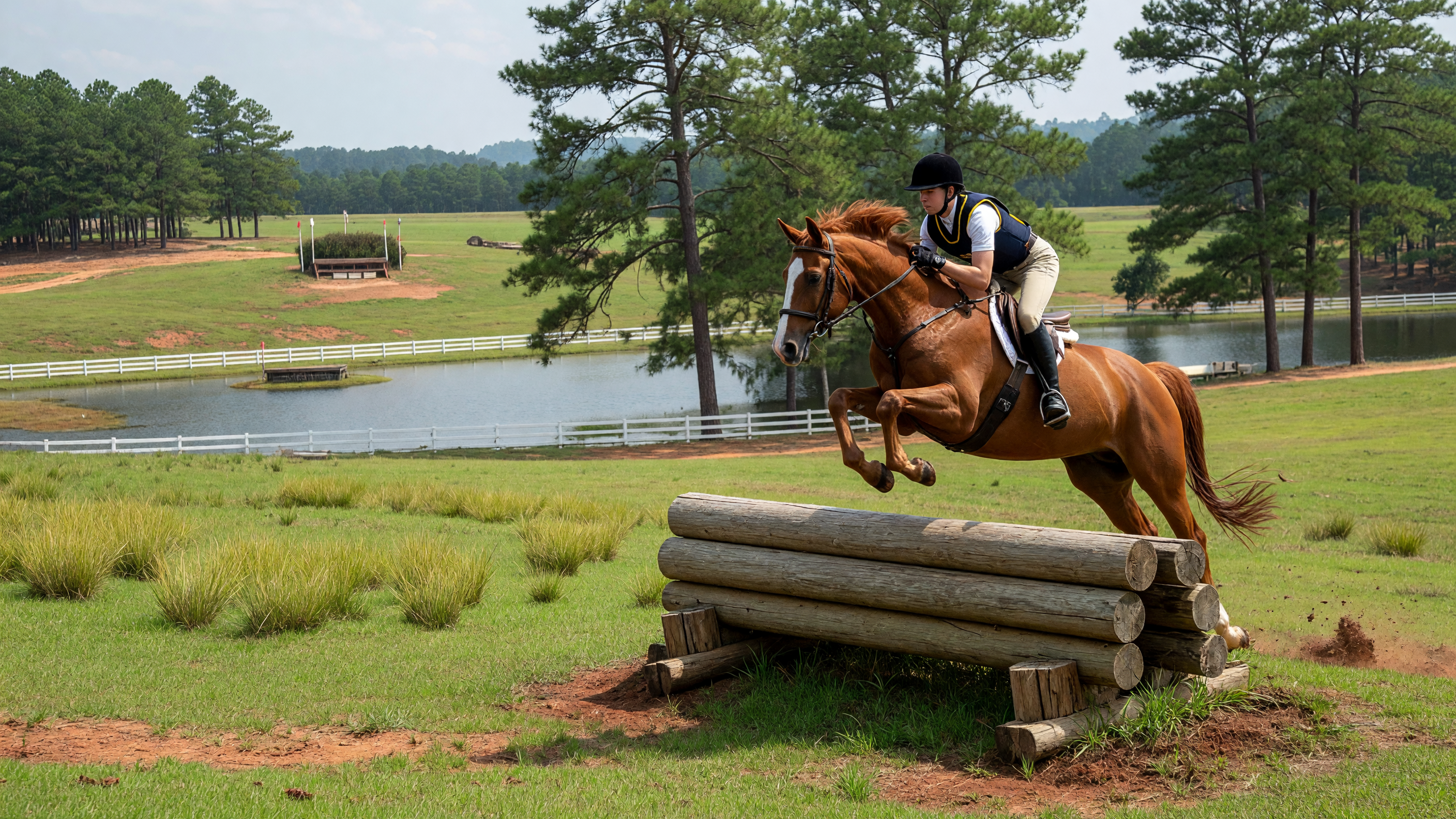 Split view of an indoor horse arena with natural lighting and an outdoor arena with white fencing under Carolina blue sky