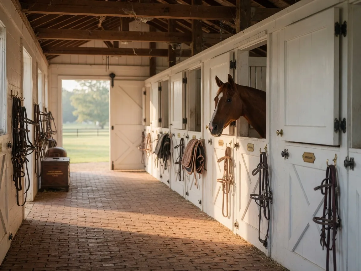 Interior of a classic thoroughbred training barn in Aiken with white stall doors and brick aisle