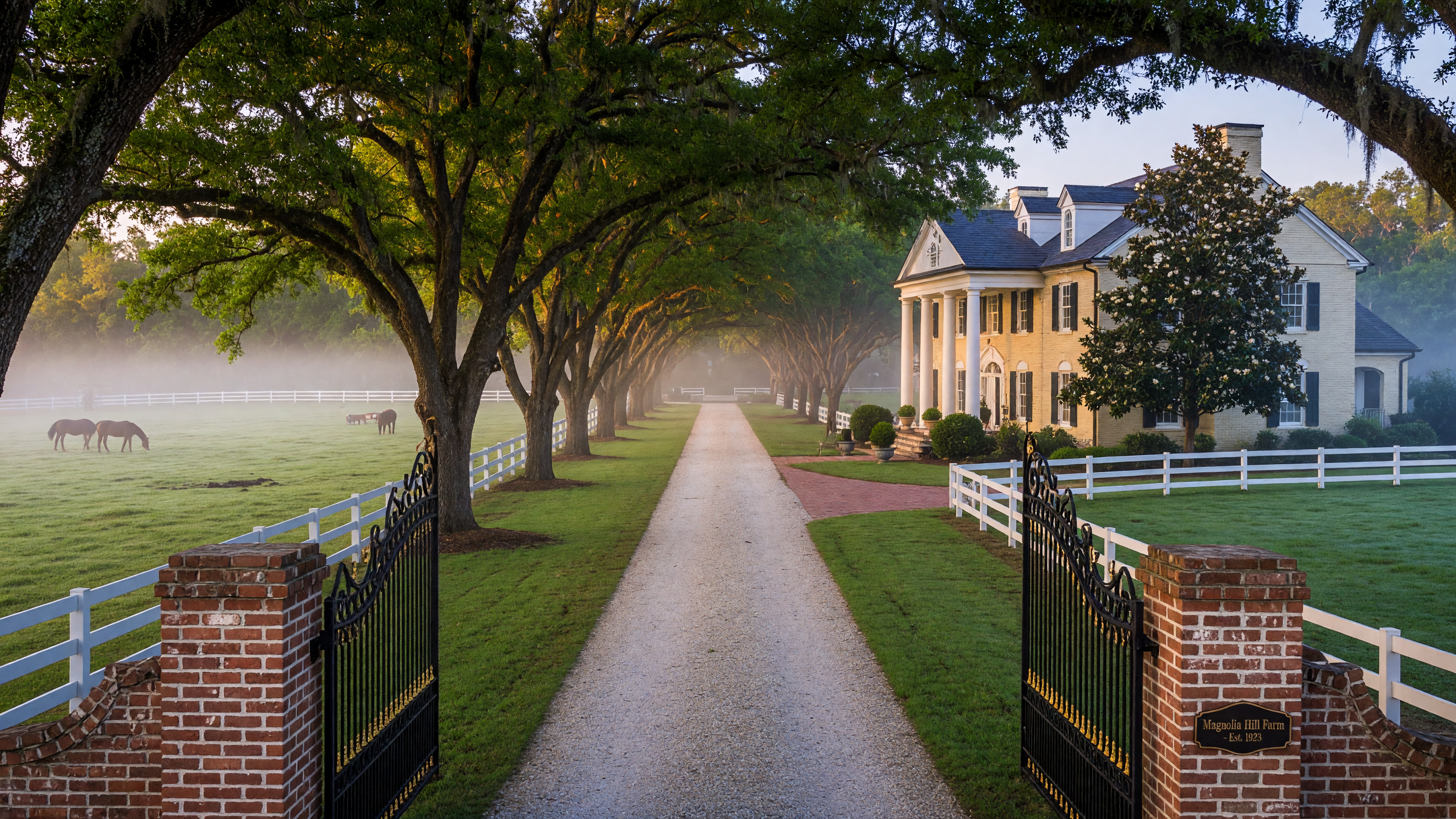 Gated entrance to Three Runs Plantation equestrian community in Aiken, South Carolina with live oaks and white fencing