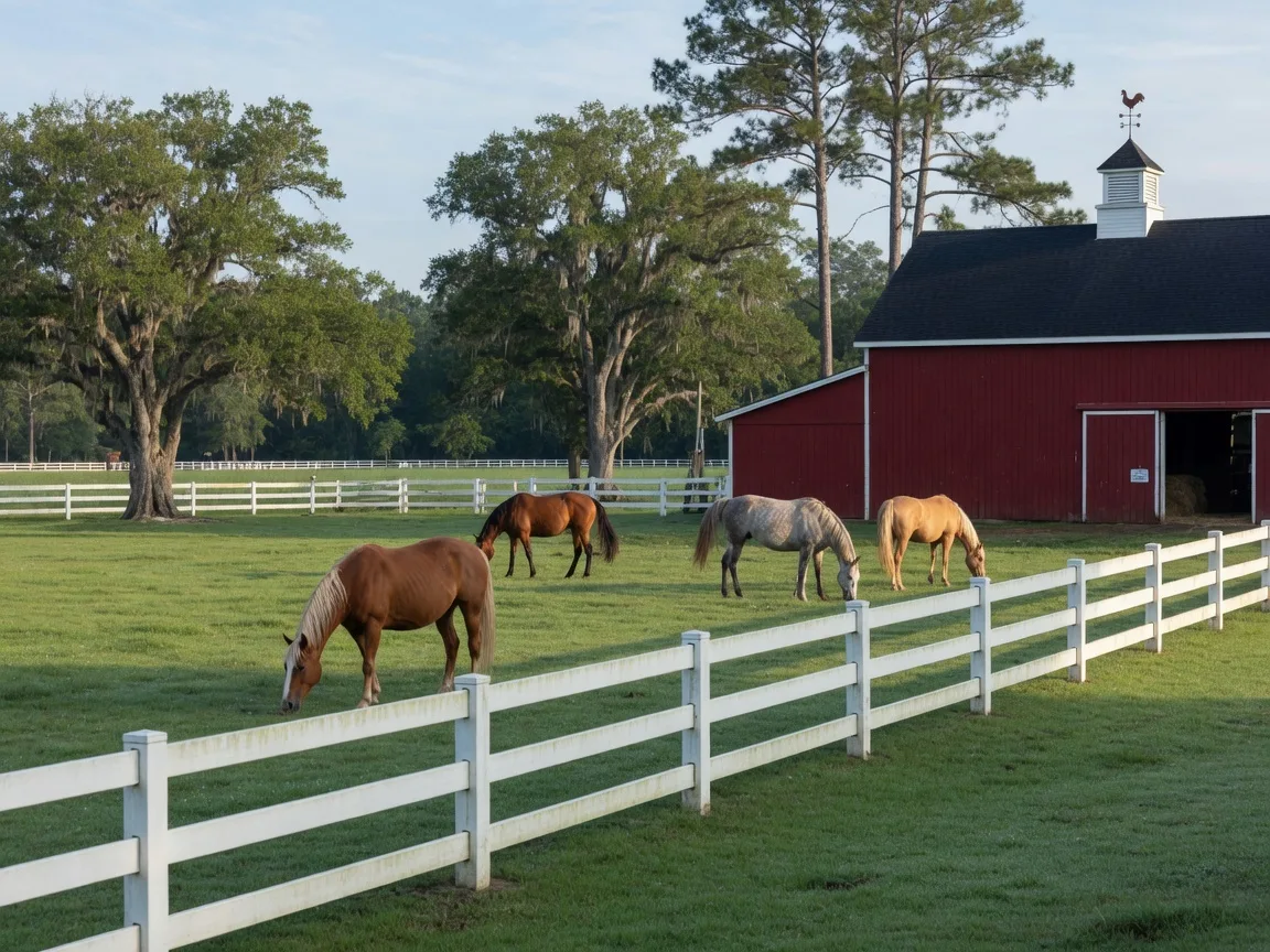 Horses grazing peacefully at a rescue facility in Aiken, South Carolina with a traditional red barn, white board fencing, green pastures, and mature trees