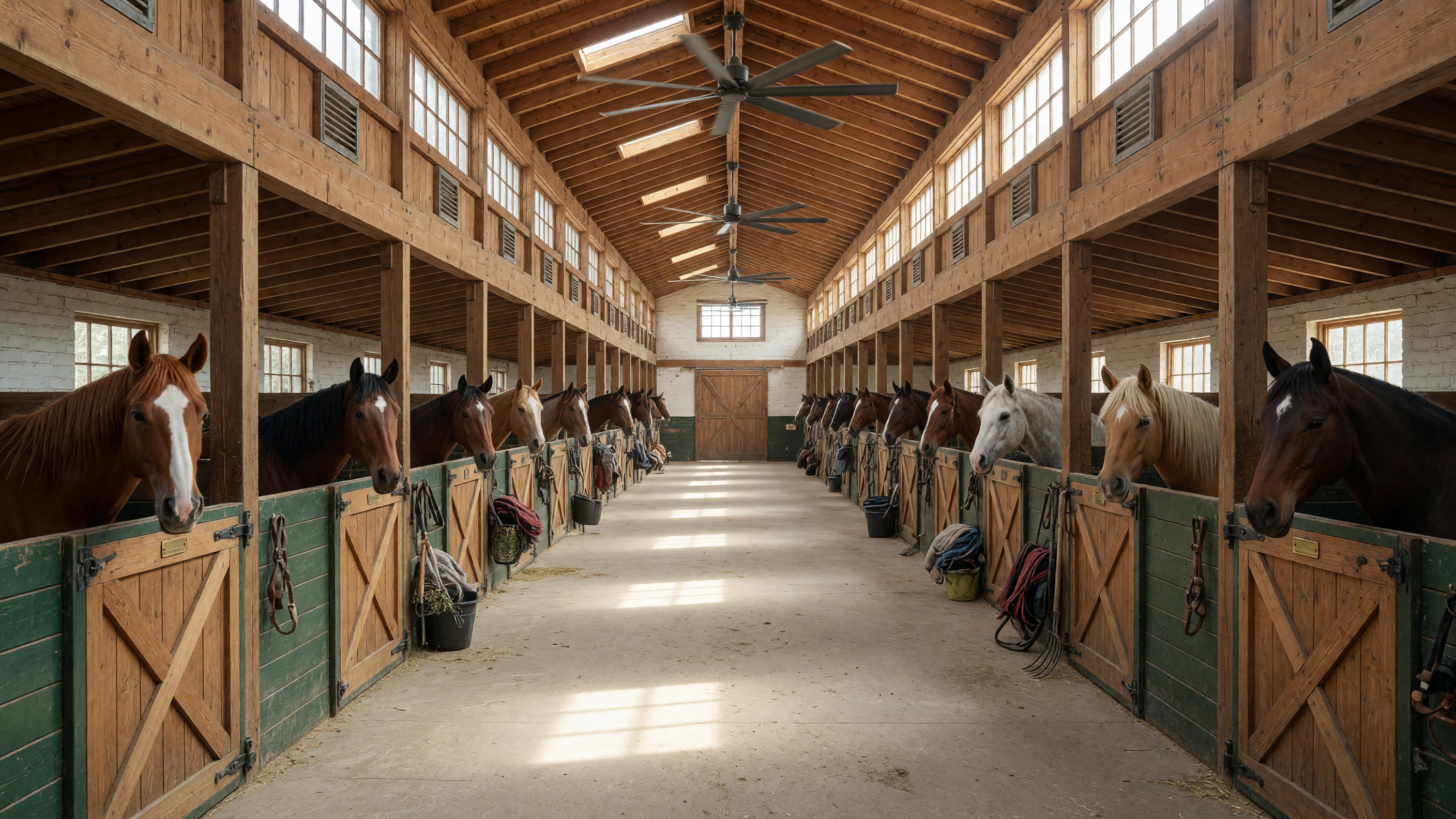 Interior of a spacious horse barn with well-lit wooden stalls, horses looking over stall doors, and a clean aisle