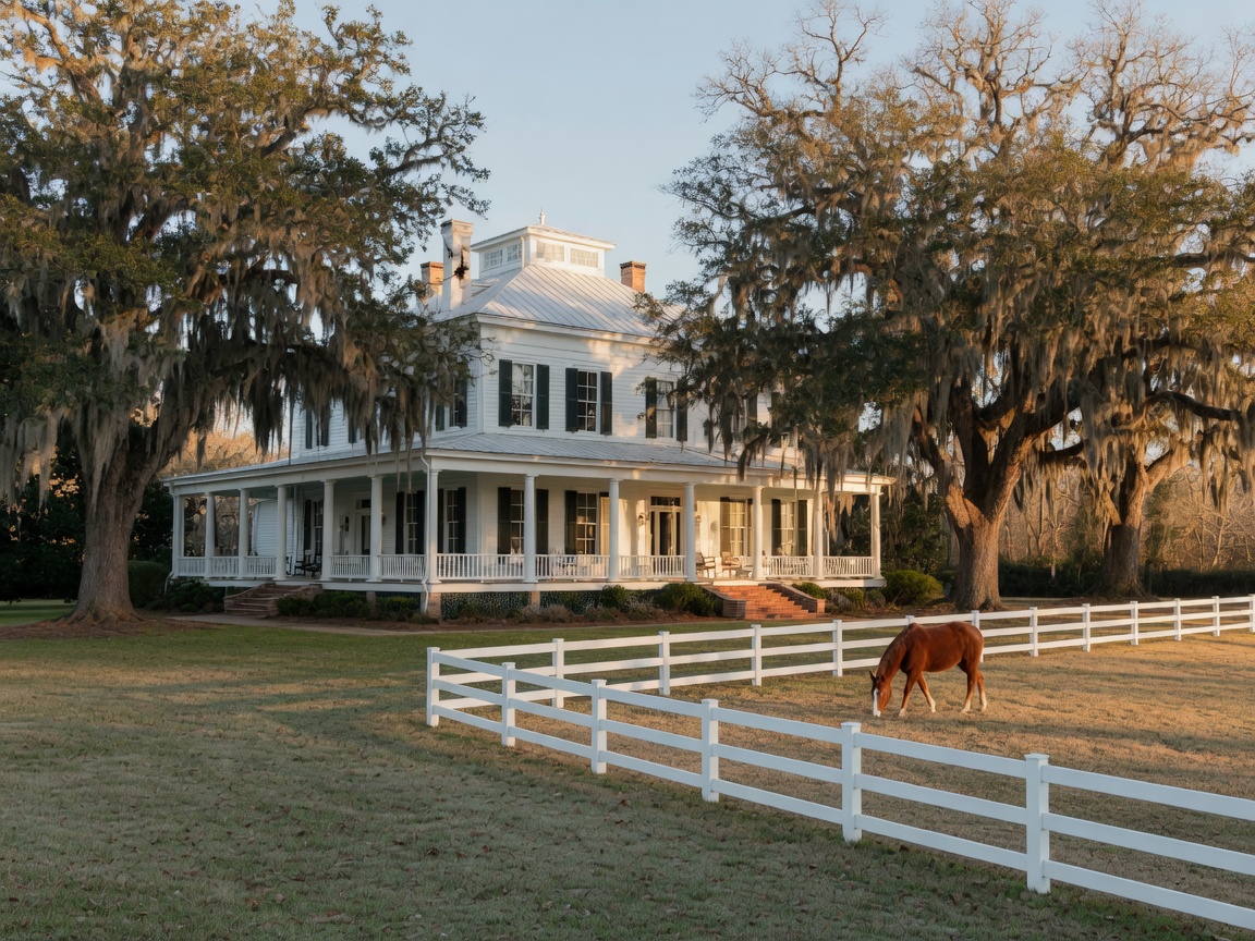 A historic white Southern estate with wraparound porch framed by live oaks, with a horse grazing in an adjacent pasture in Aiken, South Carolina