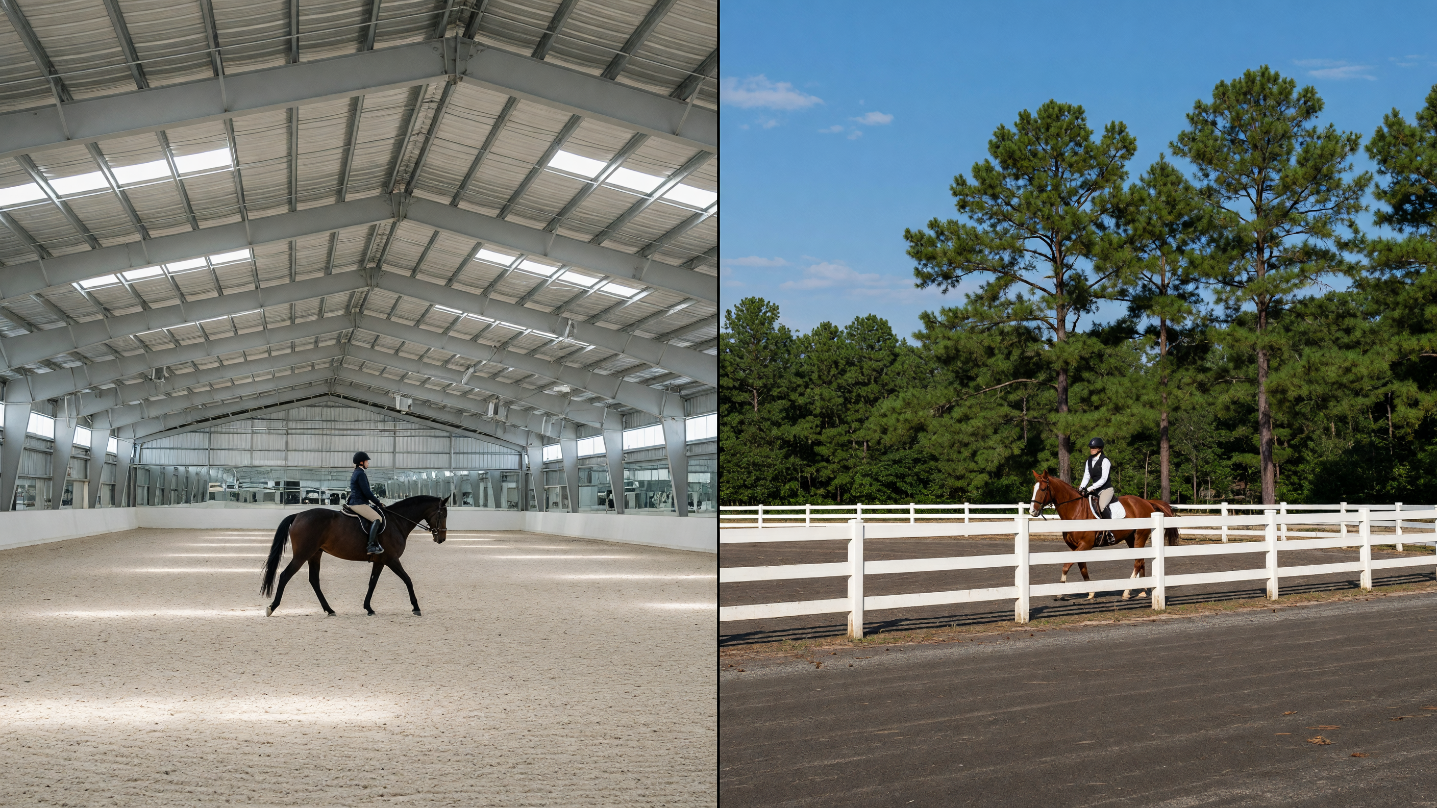 Professional equestrian boarding facility in Aiken, SC with multiple paddocks, white fencing, barn complex, and horses grazing