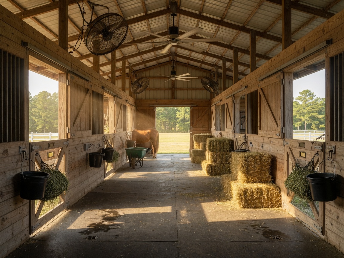 Aerial view of a South Carolina horse farm with green pastures, white fencing, and a barn complex