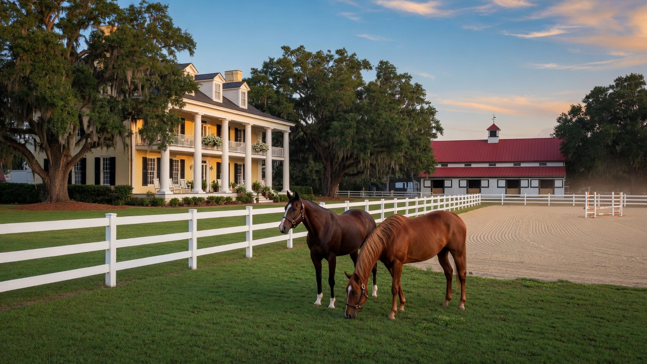 Equestrian estate in Aiken, South Carolina with white board fence, horse barn, and Carolina pines