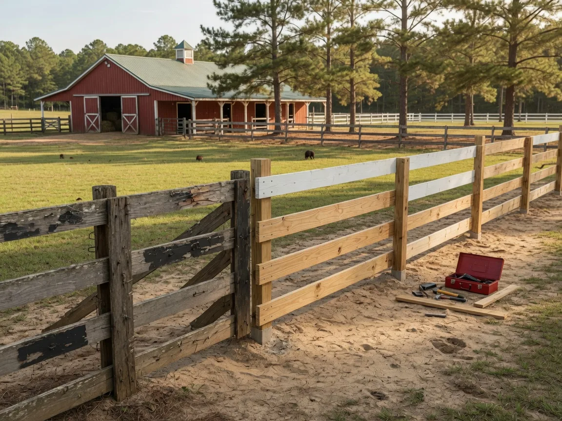 Horse property fencing showing a section of weathered board fence next to a freshly repaired section, with a barn and green pastures in the background