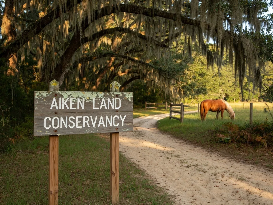 Conservation easement sign at the entrance of a protected horse property in Aiken, with moss-draped oaks and a sandy trail leading into the property