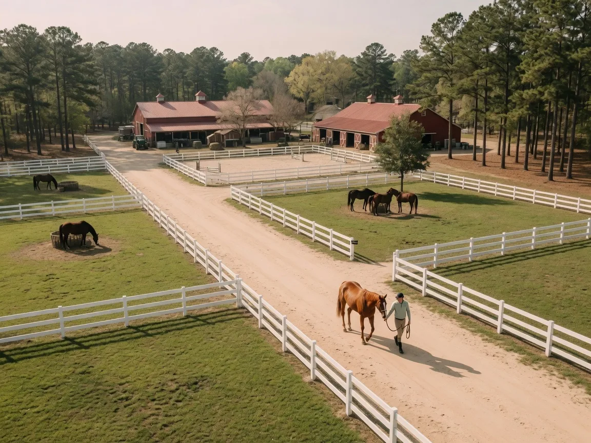 Horses grazing in a green paddock with white wooden fencing and a run-in shelter at a South Carolina boarding farm