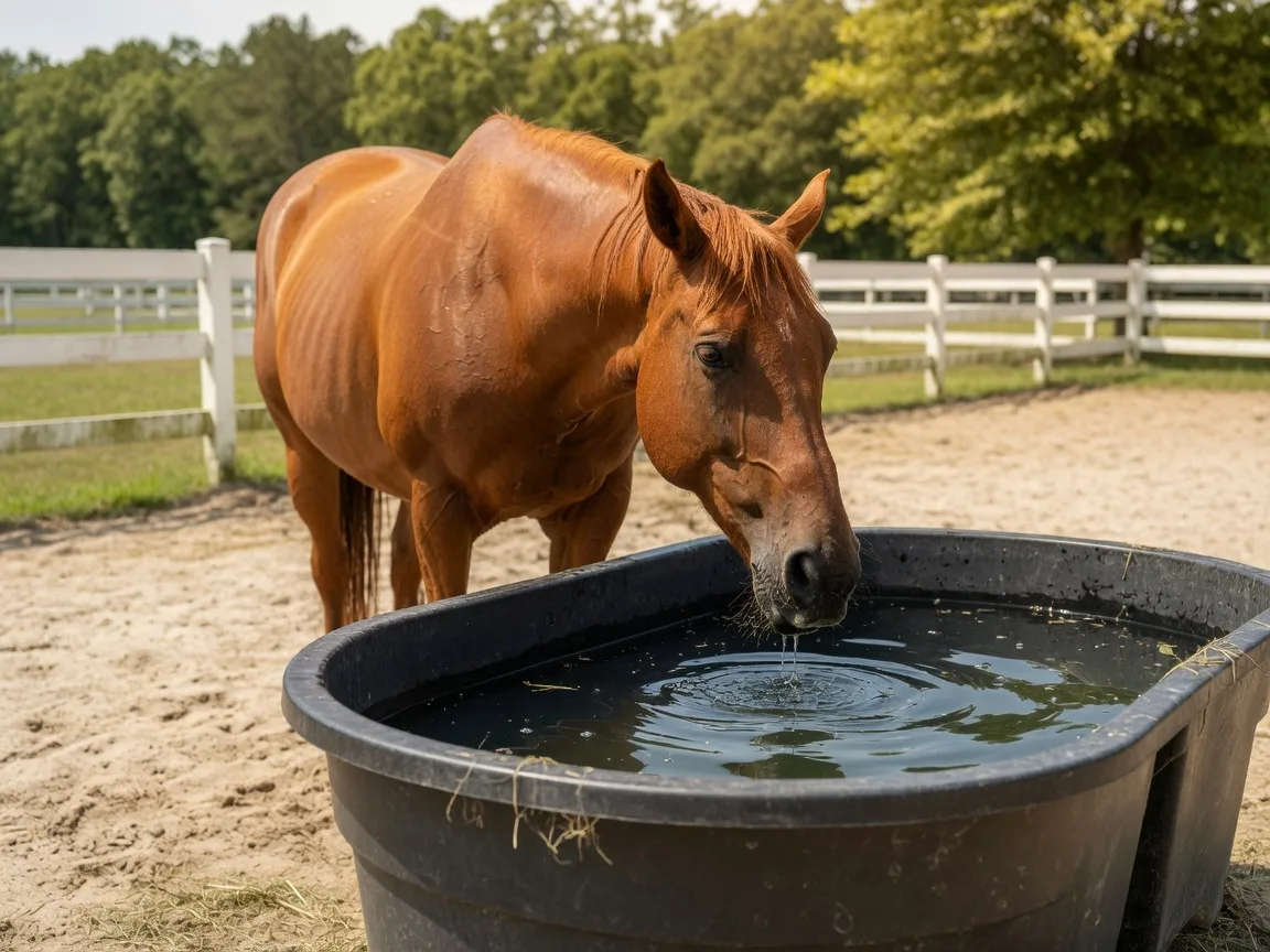 A chestnut horse drinking from a black water trough in a sandy paddock with white board fencing