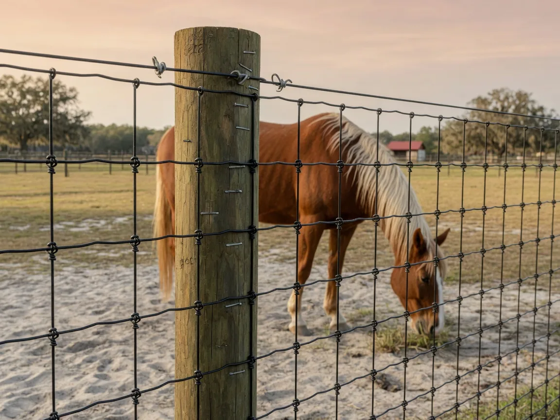 Close-up of no-climb wire horse fencing attached to a wooden post with a horse grazing in the soft-focus background on a South Carolina horse farm