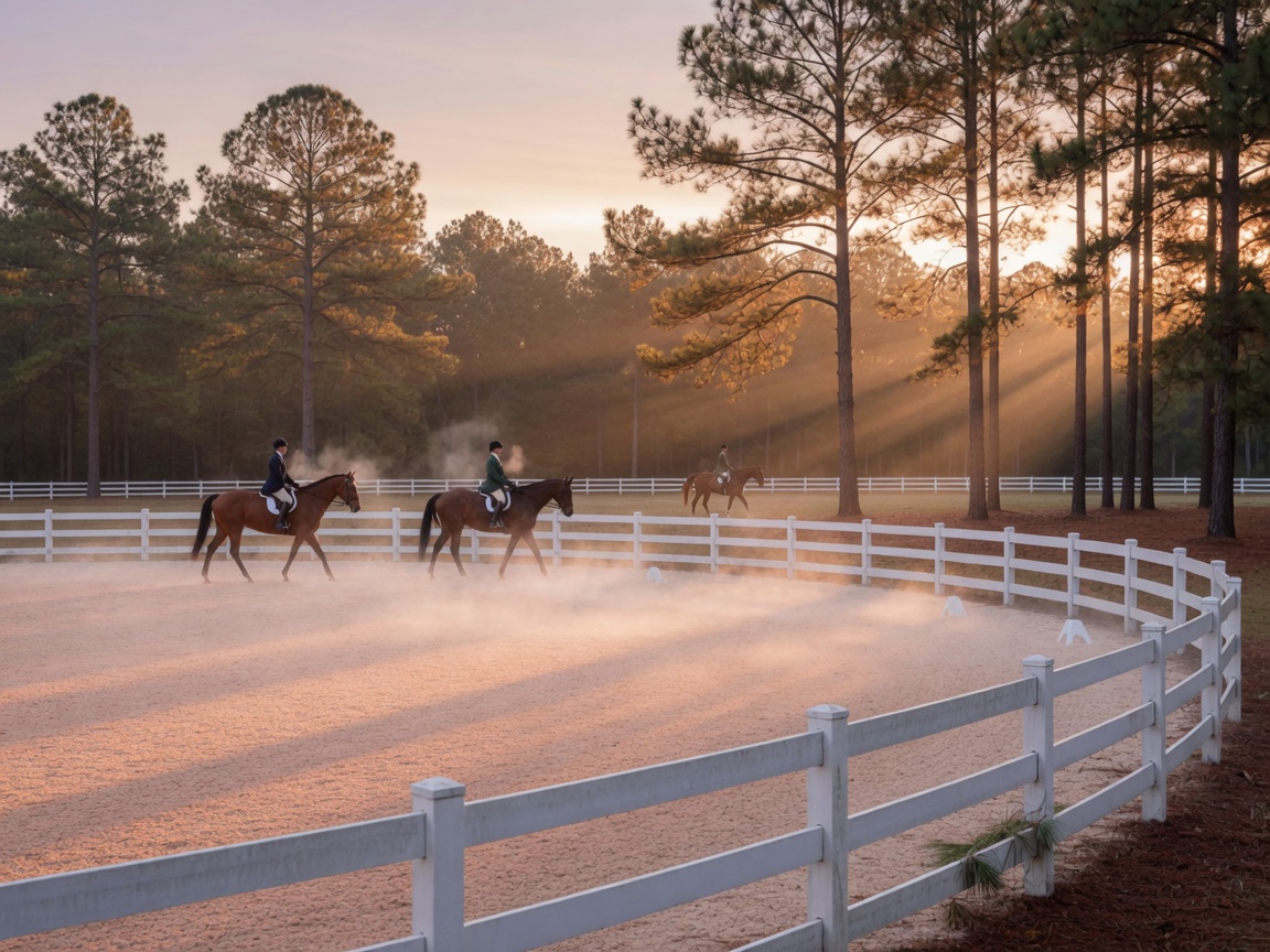 Horses and riders warming up in a sandy arena at dawn in Aiken, South Carolina