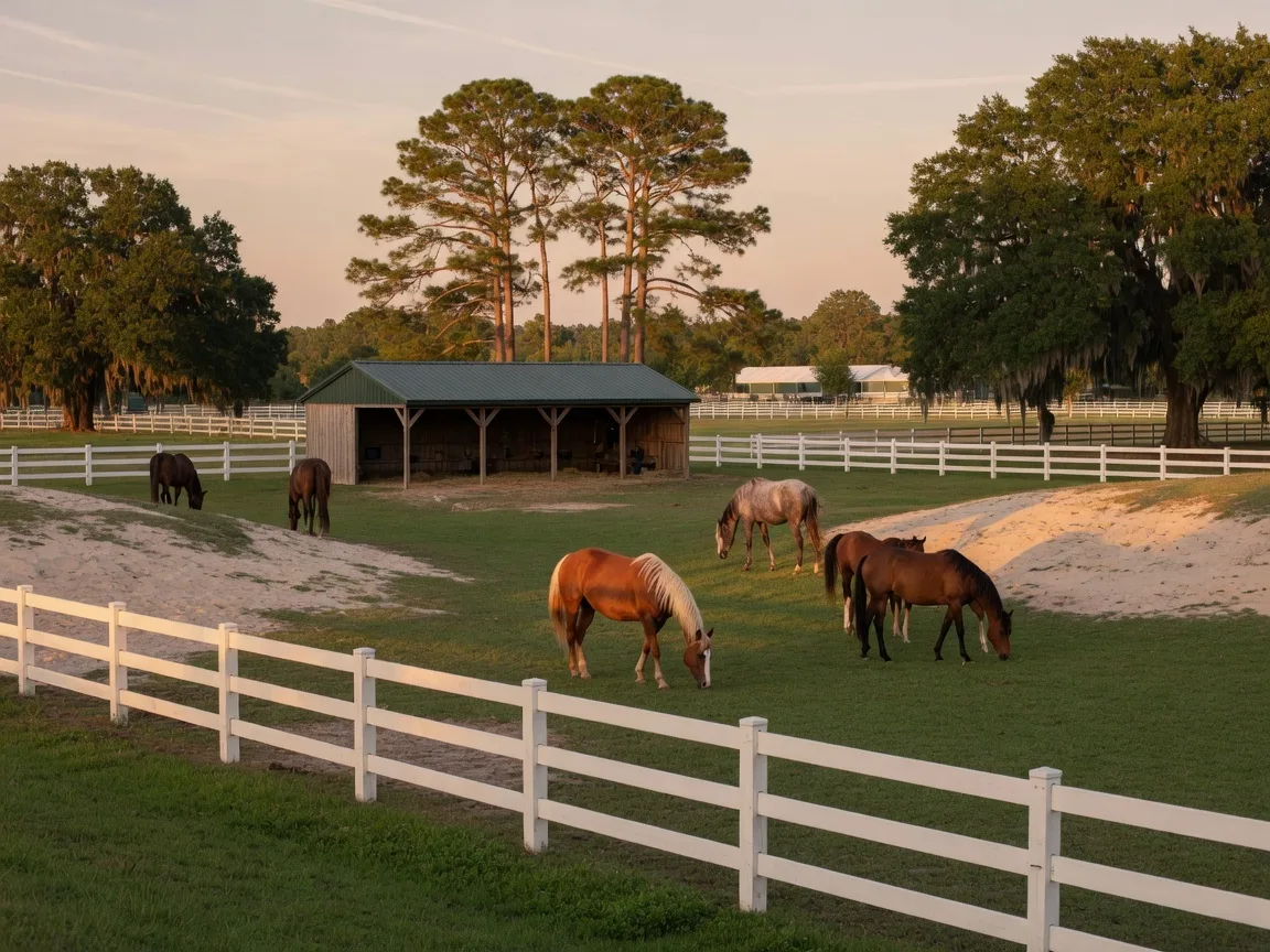 Interior of a well-maintained horse barn aisle with stalls on both sides, morning light streaming through the doors, in Aiken, South Carolina