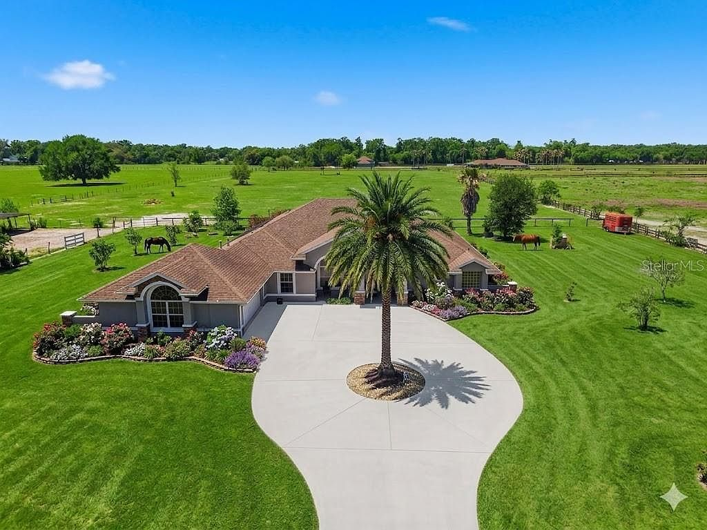 Aerial drone view looking down at front and circular driveway