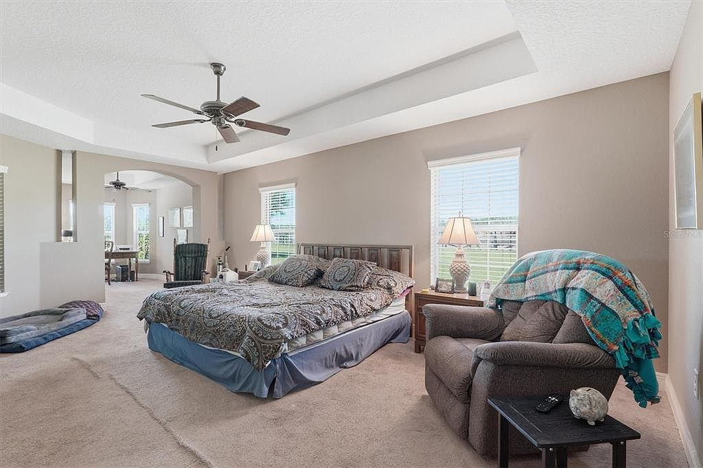 Primary bedroom suite with tray ceiling and natural light